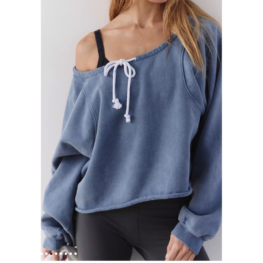 Free People Movement NWOT For The Win Blue Raw Hem Off Shoulder Sweatshirt - Med